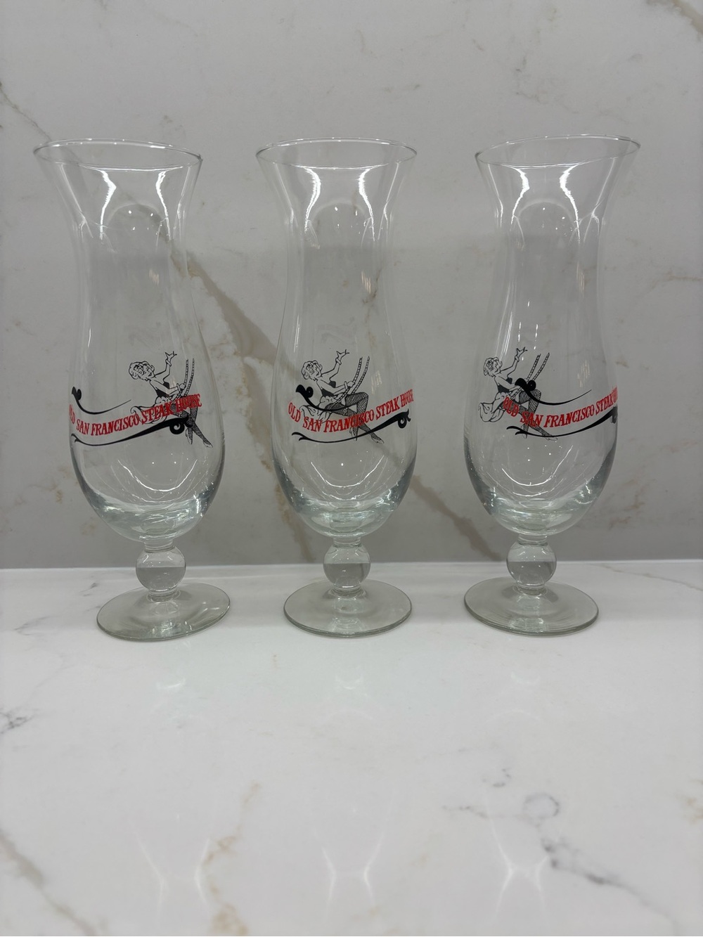 3 Vintage Old San Francisco Steak House Promotional Swinging Saloon Girl Glasses